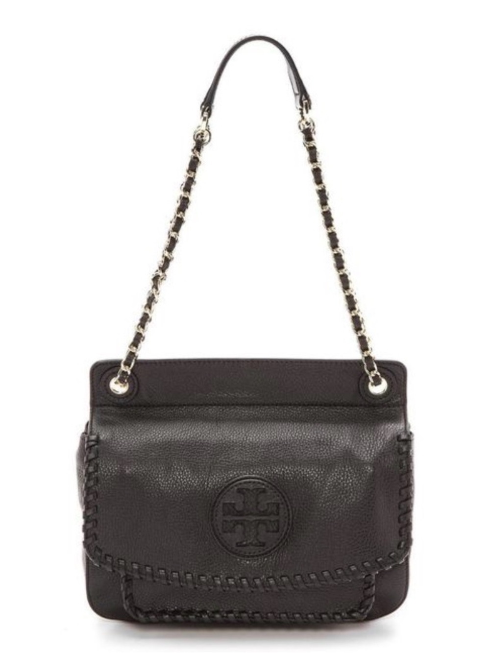 Tory Burch Marion Black Pebbled Leather Crossbody with Whipstitch Detail